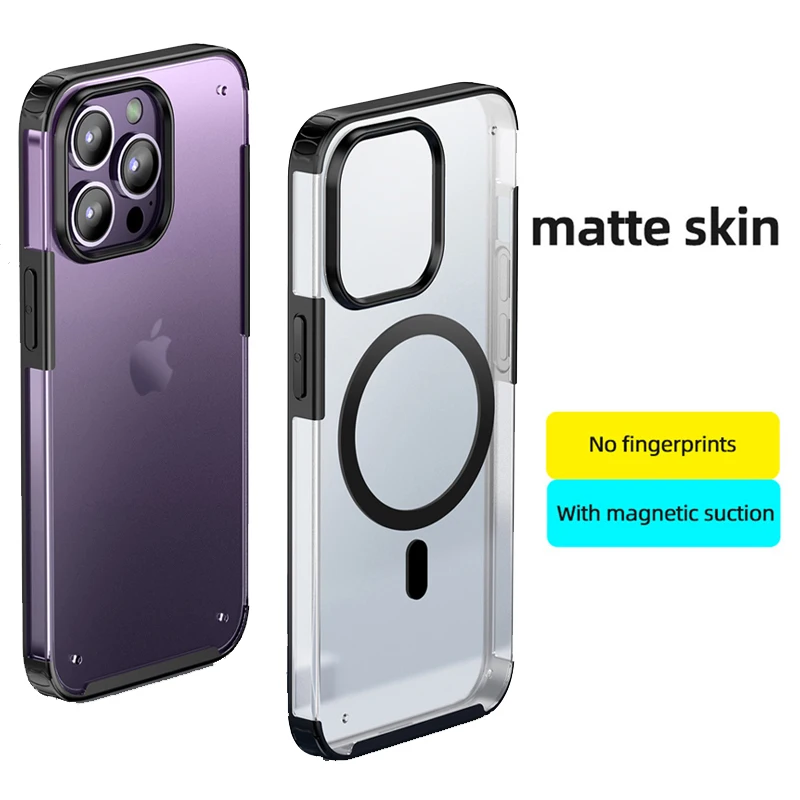

Phone Case for IPhone 14 Plus 13 Pro Max TPU Silicone Soft Edge Matte Clear Hard Back Cover Magnetic MagSafe Wireless Charging