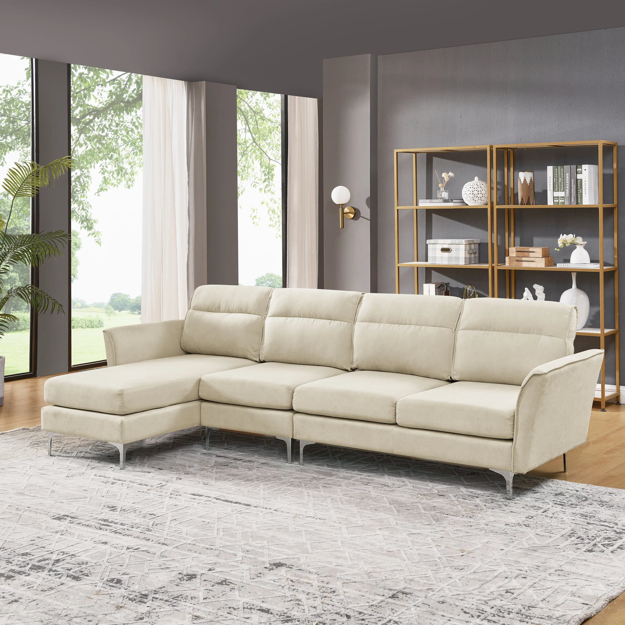 Modern 3-Seat Sofa with Stainless Steel Trim & Metal Legs, Compression Package Technology, Navy Blue, for Living Room