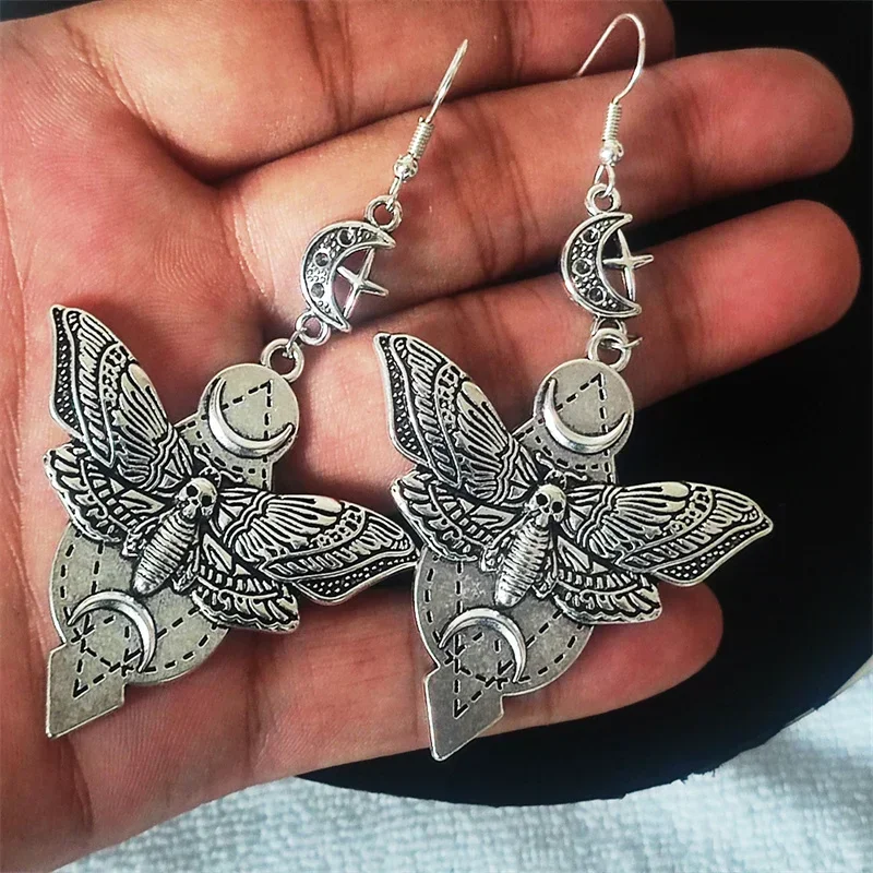 Deaths Head Skull Moth Moon Earrings Wicca Witch Talisman Pendant Double Moon Moth Earring Gothic Alternative Women Jewelry Gift