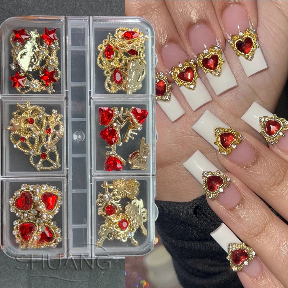 

6Grids 30pcs Red Crystal Love Nail Rhinestones Charms 3D Luxury Sailor Heart Magic Wand Nail Jewelry Metal Alloy Gems Nail Decor