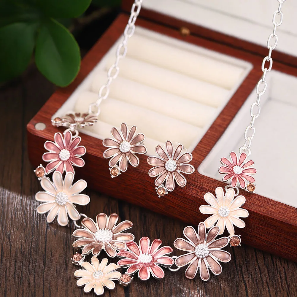 Women's Multi Color Daisy Enamel Necklace Earring Set