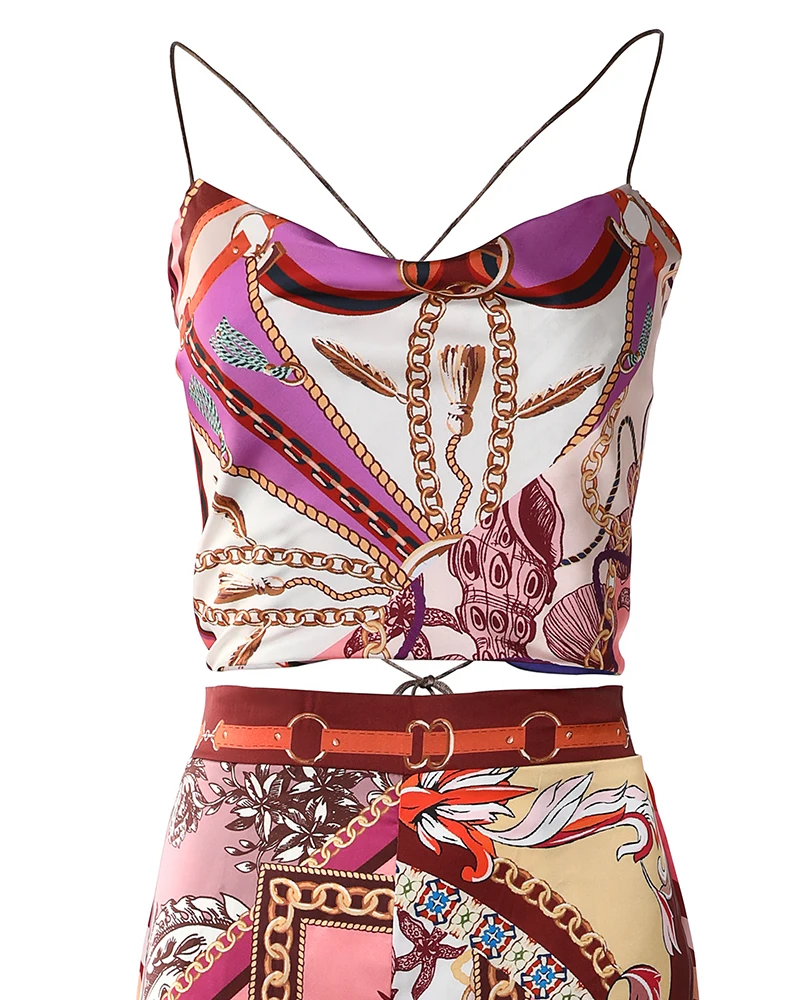 Elegant Ladies Summer Camisole Two-Piece Set Retro Chain Printed Backless Camisole Top Wide Leg Pants Set Loose Vacation Set