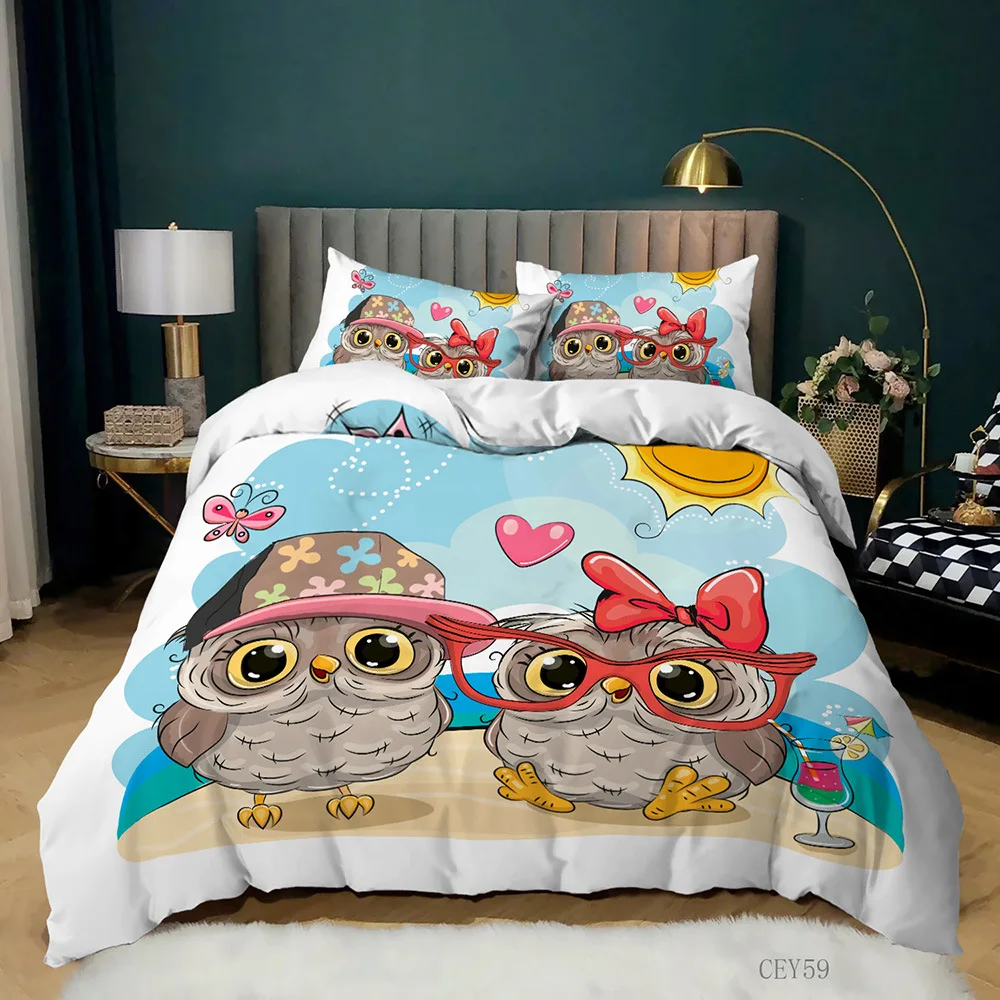 

Cartoon Owl Duvet Cover Set King Size Owls In Love Print Cute Partners Couples Twin Bedding Set Soft Microfiber Comforter Cover