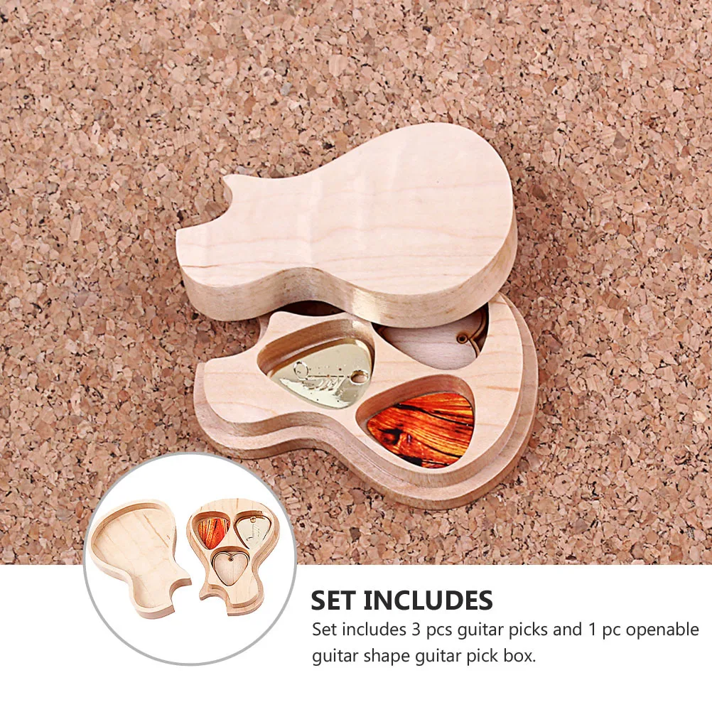

1Set Handmade Wooden Guitar with 3 Picks Professional Pick Holder Convenient Guitar Accessory Storage Case