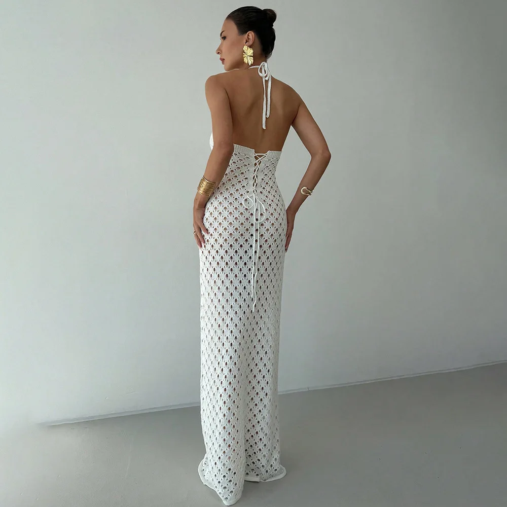 DSMTRC 여성 시스루 레이스 업 백 레스 할로우 스키니 섹시한 가운 화이트 니트 비치 롱 드레스 여성 니트 여름 드레스