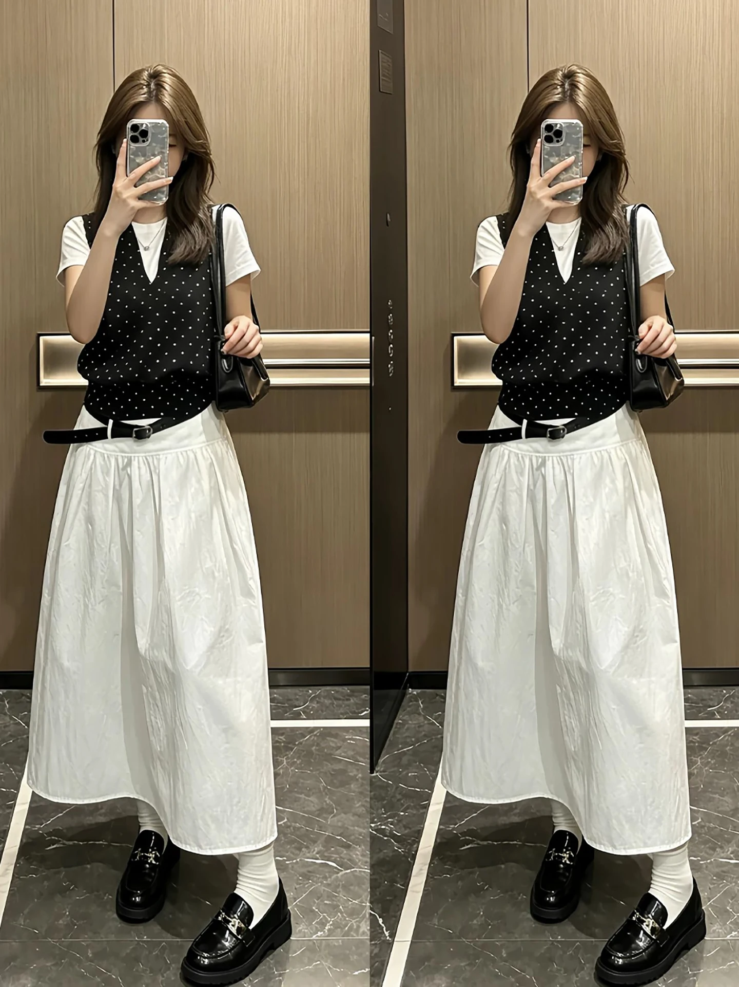

Summer Commute Casual Polka Dot Short Sleeve T-Shirt Vest High Waist Skirt Three Piece Set Women's Fashion Ensemble