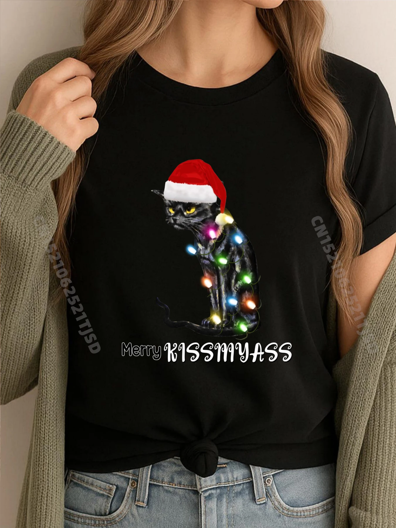 

Футболки с рисунком Merry Kissmyass Cat, рождественские огни, женская футболка большого размера с короткими рукавами