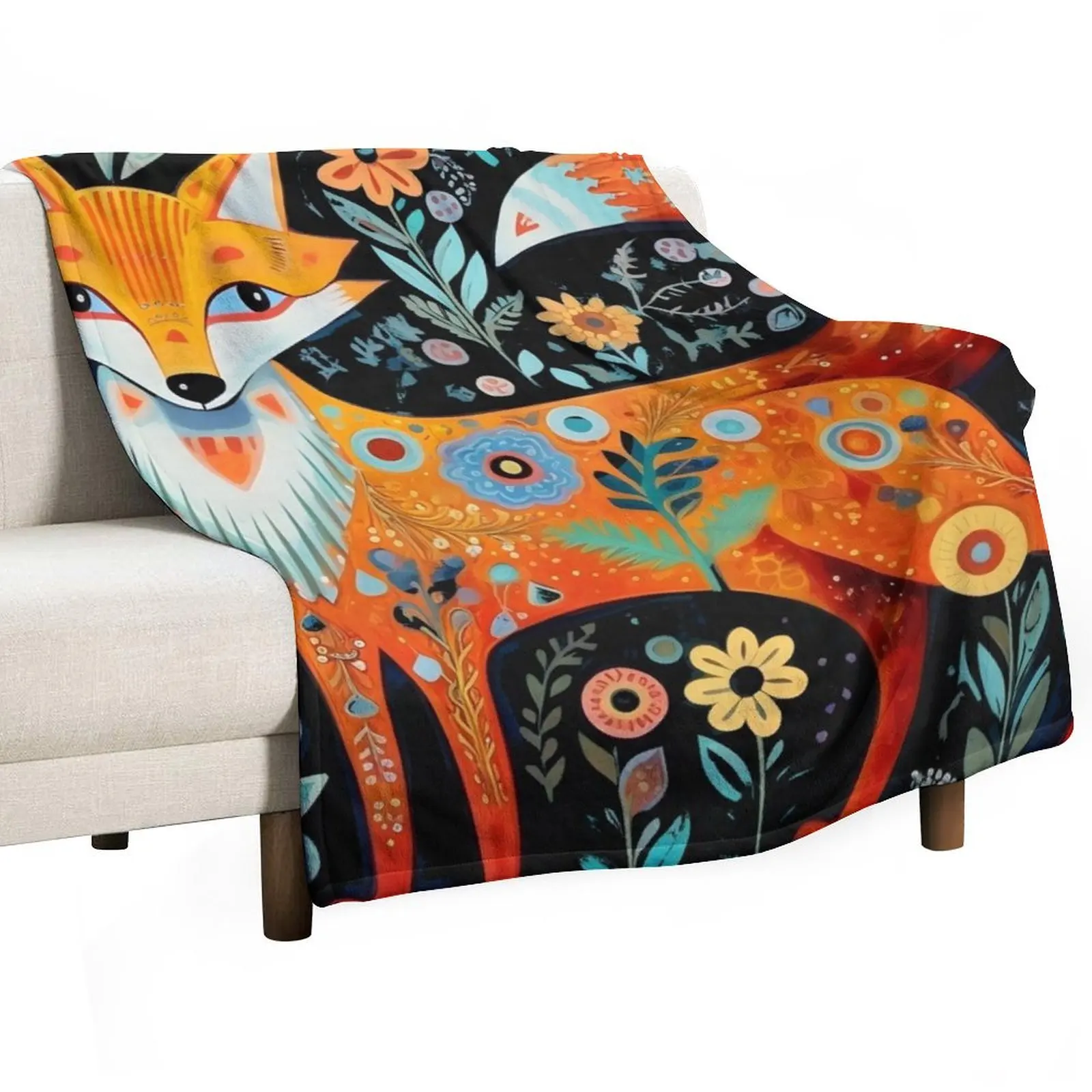 

Folk Art Fox Floral Throw Blanket Bed linens Camping Hair Blankets