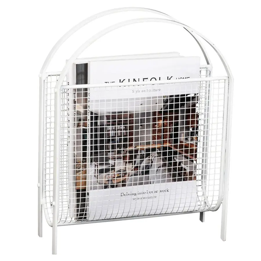 

MidCentury Design Magazine Rack, White Metal Mesh Freestanding Magazine Organizer Holder Sling, Tabletop or Floor Standing Magaz