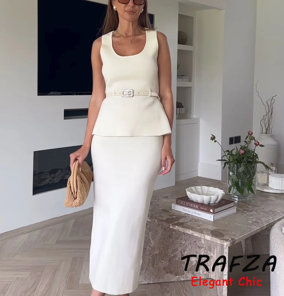 

TRAFZA Elegant Chic Knit Skirt Set Women's Slim O-Neck Belt Tank Top Or Hip Wrap Skirt 2025 Fashion Summer Minimalist Skirt Set