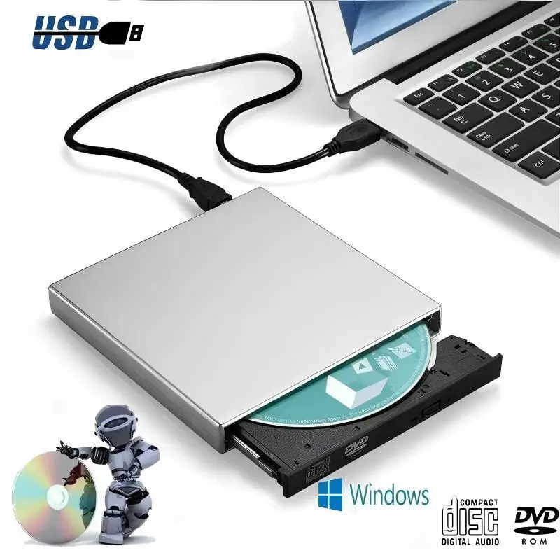 محرك أقراص DVD خارجي مدمج USB 3.0 - توصيل وتشغيل محمول رفيع للغاية (مشغل أقراص مضغوطة/موقد) لأجهزة الكمبيوتر المحمولة/سطح المكتب، أسود/فضي