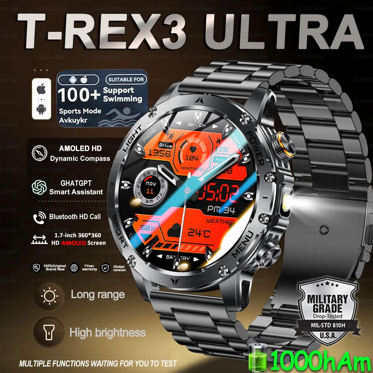 

2025 ГОРЯЧИЕ GPS спортивные умные часы AMOLED фонарик компас 1000 мАч аккумулятор 10 АТМ водонепроницаемые фитнес-трекер HD умные часы для вызова мужские