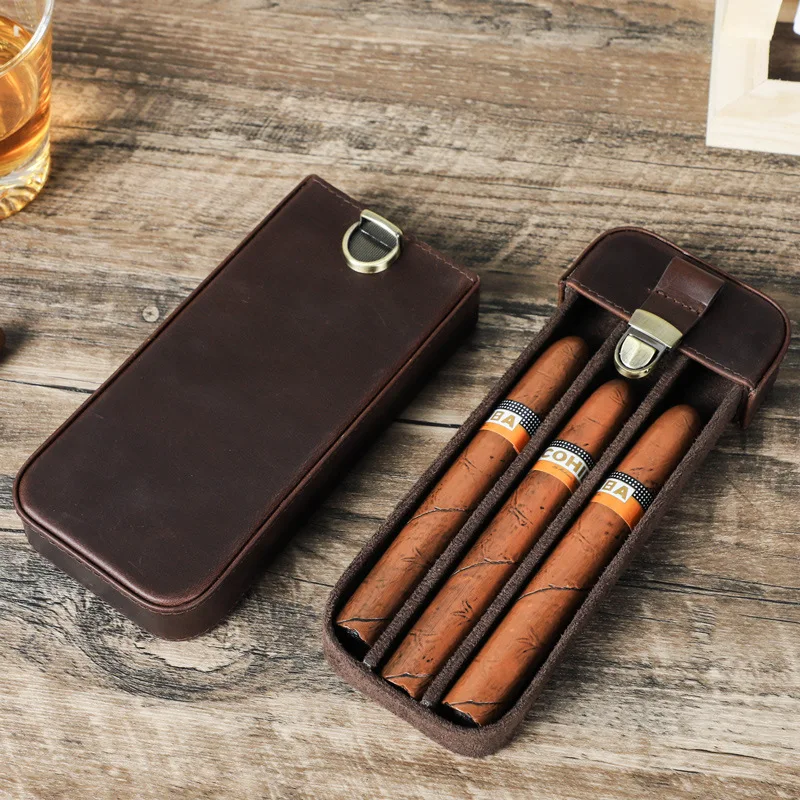 Vintage First-layer Cowhide Cigar Box, Three-pack Cigar Set, Travel Portable Leather Cigar Box With Lock Drawer. Gifts For Men