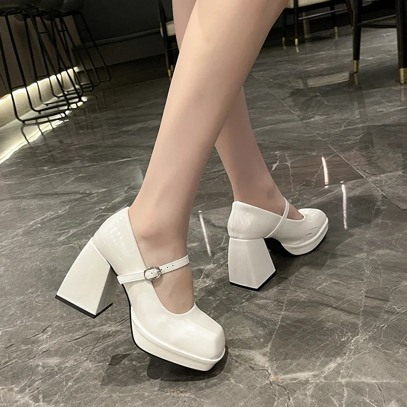 2024 Mary Jane High Heels Fairy Wind French Square Head One Buckle Simple Waterproof Platform JK Punk Shoes Footwear Square Heel