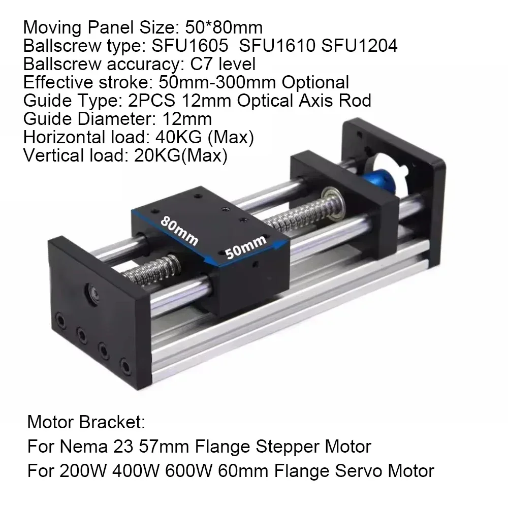 XYZ Axis Linear Rail Guide Slide Stage 50mm Width BallScrew SFU1204 1605 1610 For Nema 23 Stepper Motor 60mm Servo Max load 40KG