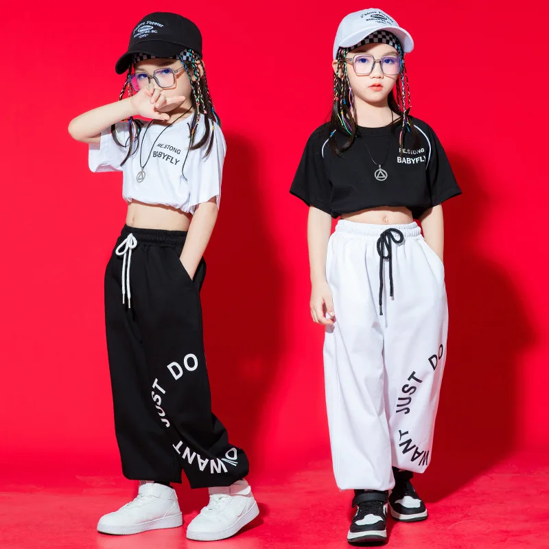 

Girl Hip Hop Girls Crop Top White Black Cargo Pants Boys Joggers Child Streetwear Clothes Sets Kids Street Dance Jazz Costume