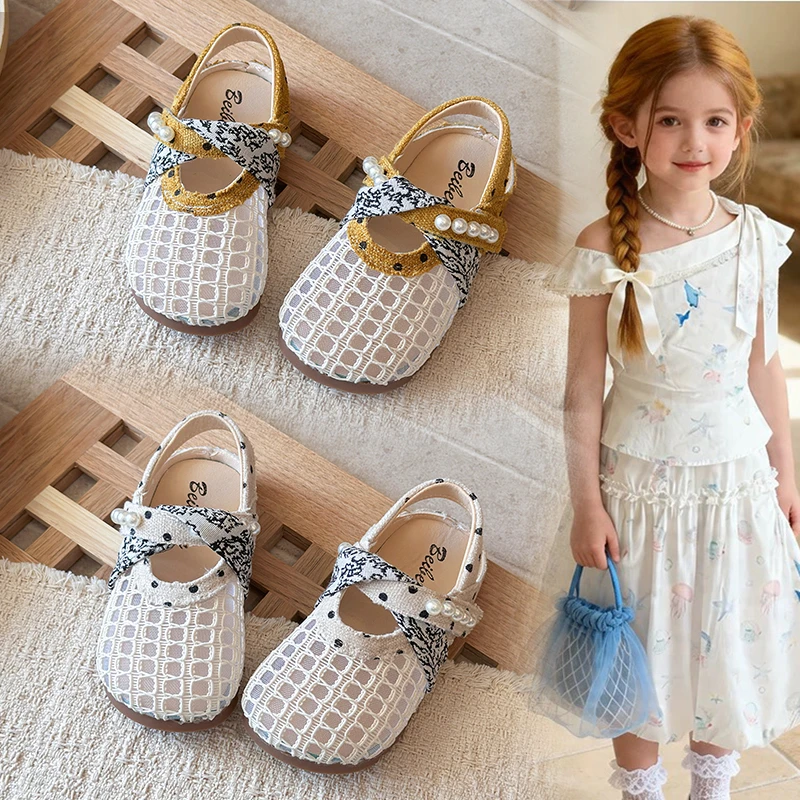 

Girls Mesh Mary Jane Sandals Kids Retro Hollow Out Flat Shoes with Polka Dot Ribbon Pearl Strap Soft Sole Casual Summer Shoes