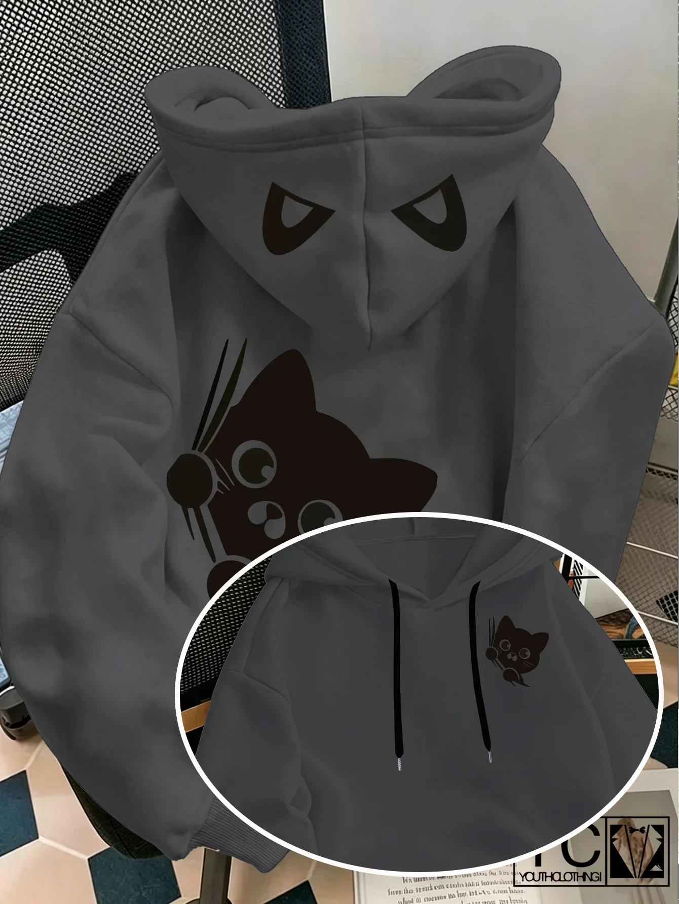 Men Cute Peeking Black Cat Sports Hoodie Cartoon Cat Print Grey Oversized Pullover Streetwear Sweatshirt Autumn Winter