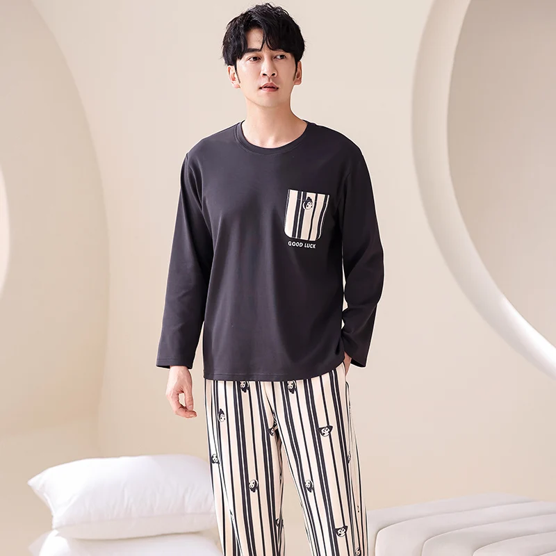 

Full Pure Cotton Pullover Long Sleeve Trousers Pajamas Sets Autumn Man Big Yards O-Neck Home Casual Sleepwear Nightwear Pyjamas