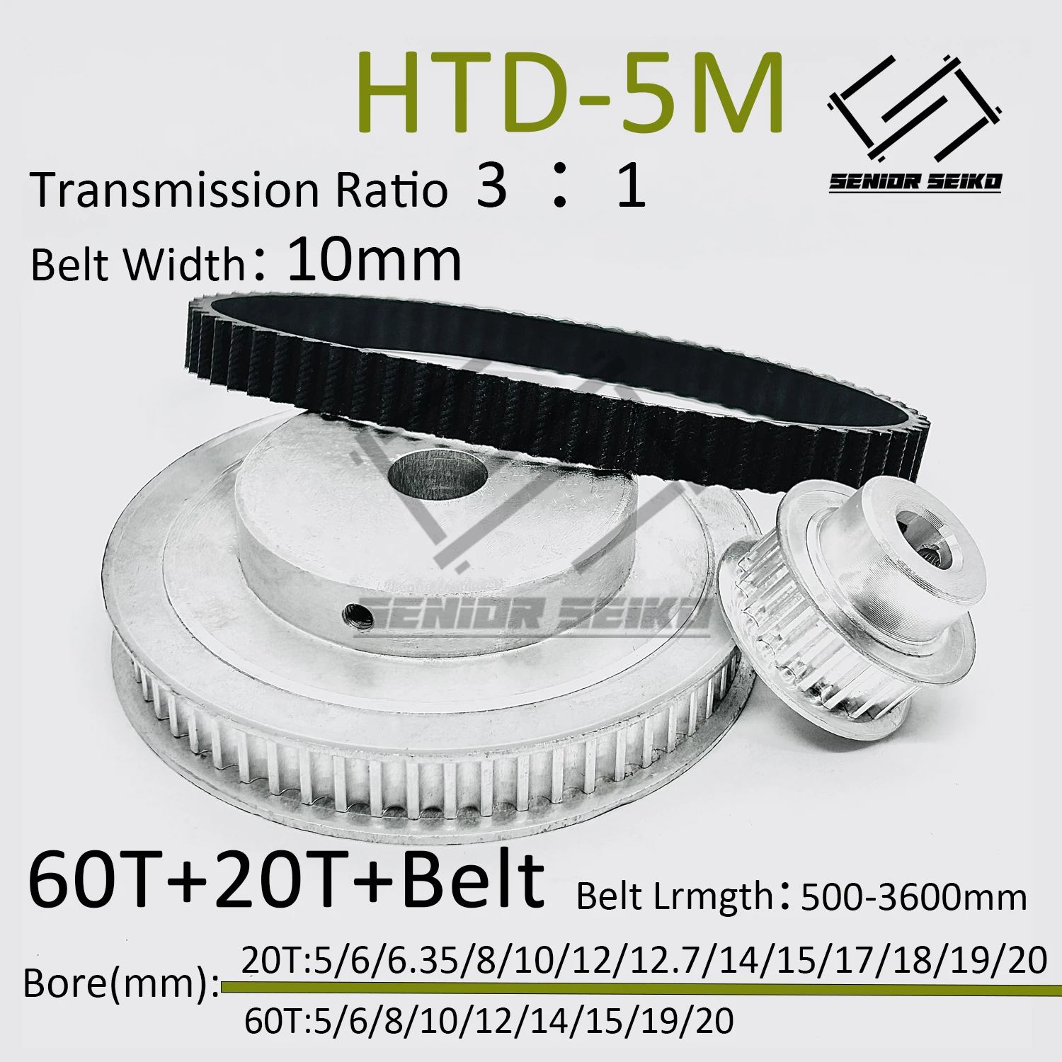 

HTD5M 60Teeth 20T Timing Pulley Belt Set Belt Width 10mm Bore 5~20mm Reduction 3:1 Deceleration 5M Pulley Kit Synchronous Wheel