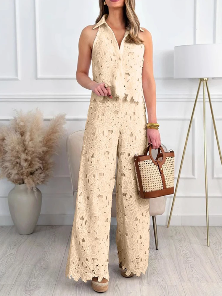 

Summer Set Woman Hollow Out Shirt Pants Set Lace Fabric Casual Sleeveless Vest Two Piece Pants Set Wholesale Dropshipping
