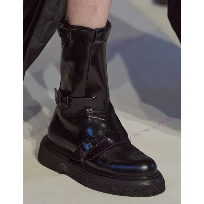 Brown Runway Mid Calf Men's Boots Strappy Buckle Decor Round Toe Luxury Shoes Handmade Designer Shoes 2025 Zapatos Para Hombres