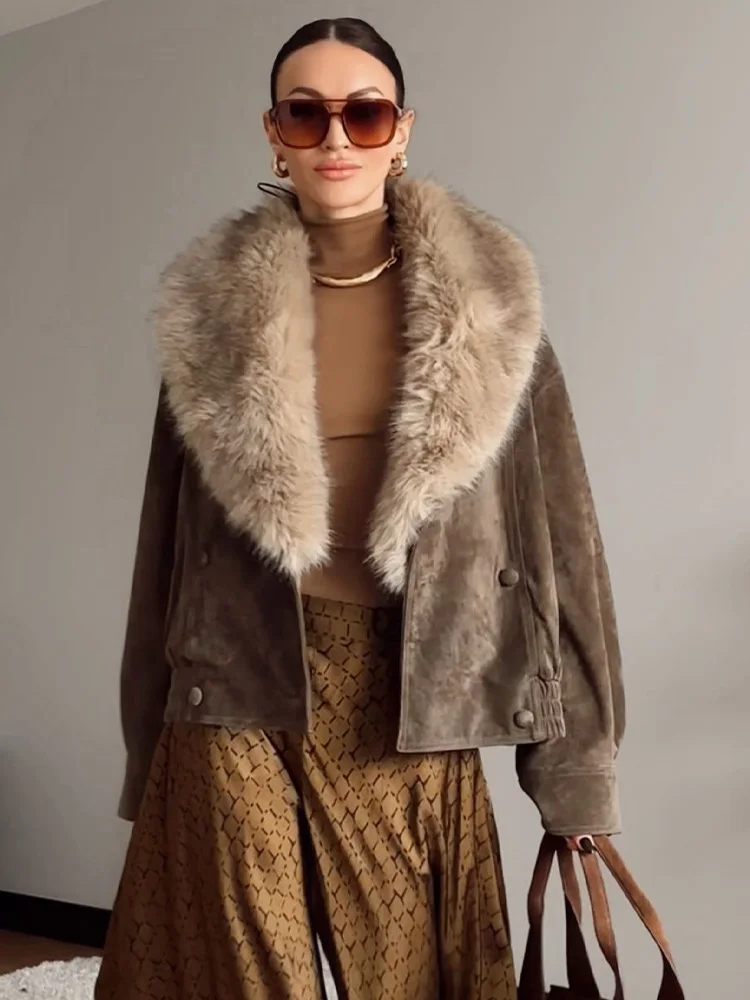 

HH Woman Winter Long Sleeves Double Breasted Pocket Artificial Fur Lapel Decoration Coat Female Leisure Suede Texture Solid Coat