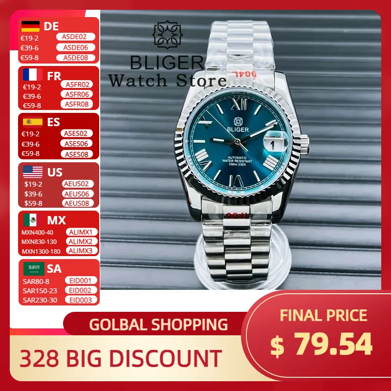 BLIGER 36mm 39mm NH35A automatyczny męski zegarek karbowana ramka szafirowy Sunbusrt paw niebieska tarcza data bransoletka ze stali nierdzewnej