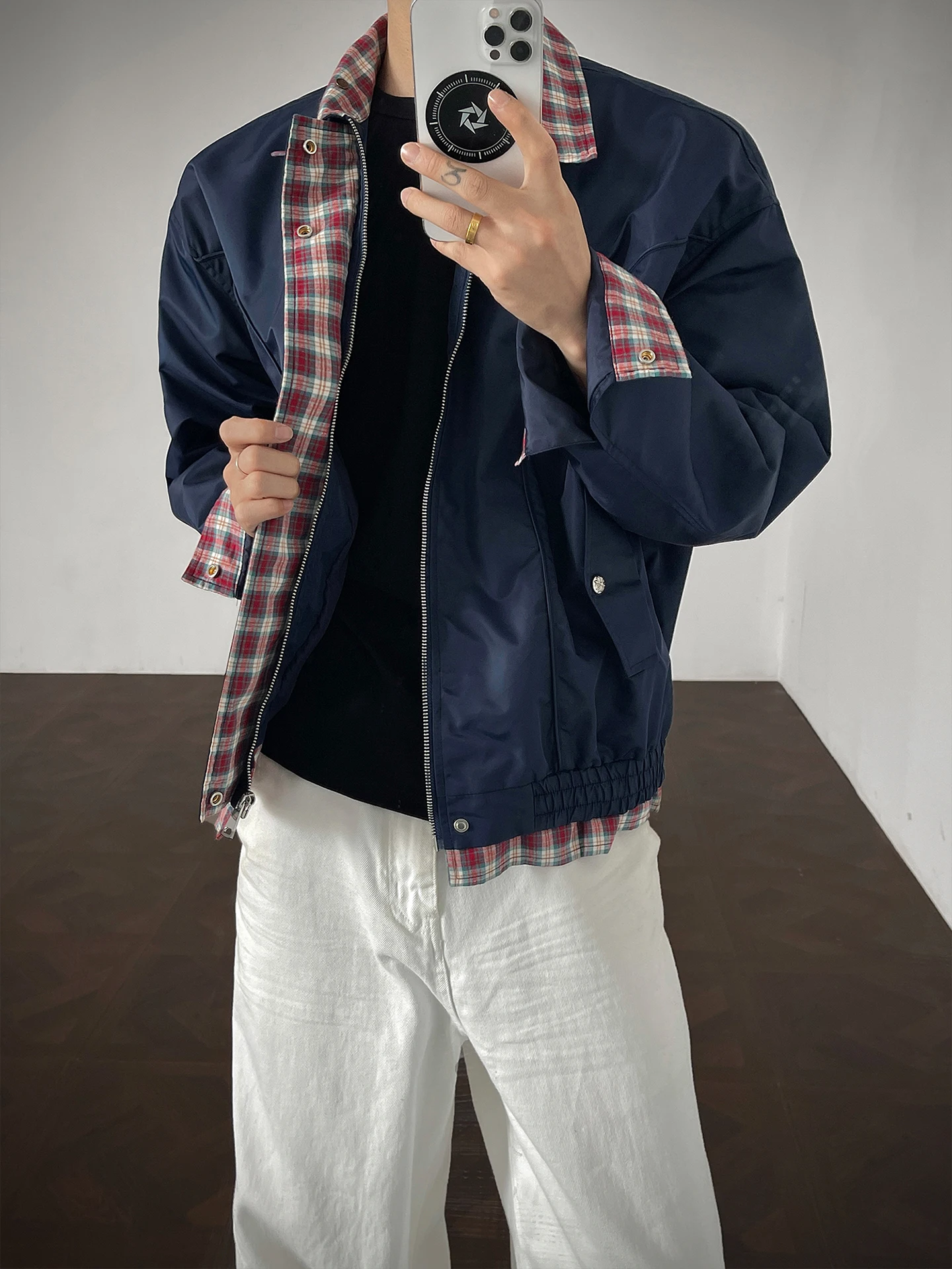 

Short Harrington Jacket Mens Plaid Patchwork Fake Two-Piece Outerwear Autumn Casual Style Youth Commute Regular Fit Stand Collar