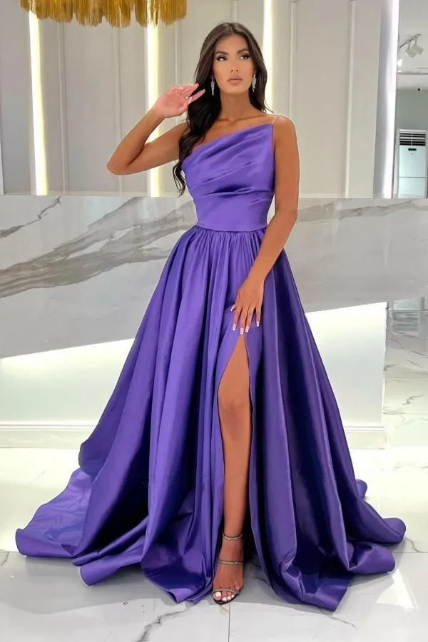 

Purple Prom Dresses Satin Elegant One Shoulder Pleats Empired Waist Front Slit Formal Party Evening Gowns Graduation Dresses