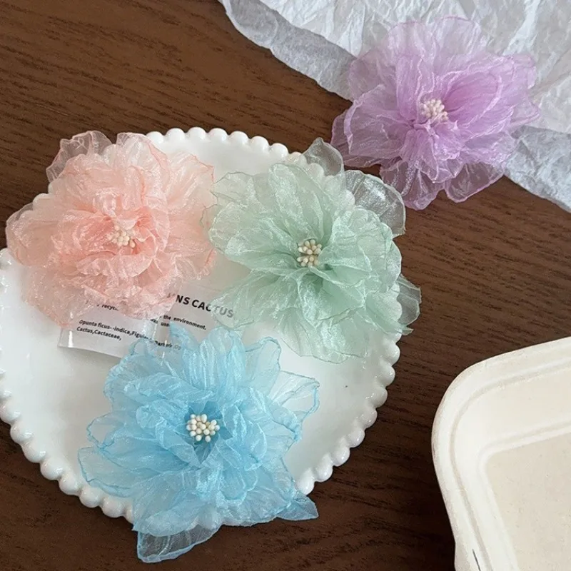 Horquilla de flores de Organza para niña, pinza para el pelo de Camelia de gasa dulce, tocado, accesorios para el cabello de vacaciones, primavera y verano, 2024