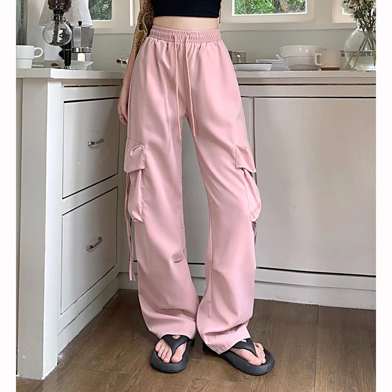 2025 Ins Fashion Lady High Waist Trousers Girls Streetwear Loose Fit Cargo Pants Women Korean Solid Color Wide Leg Pants
