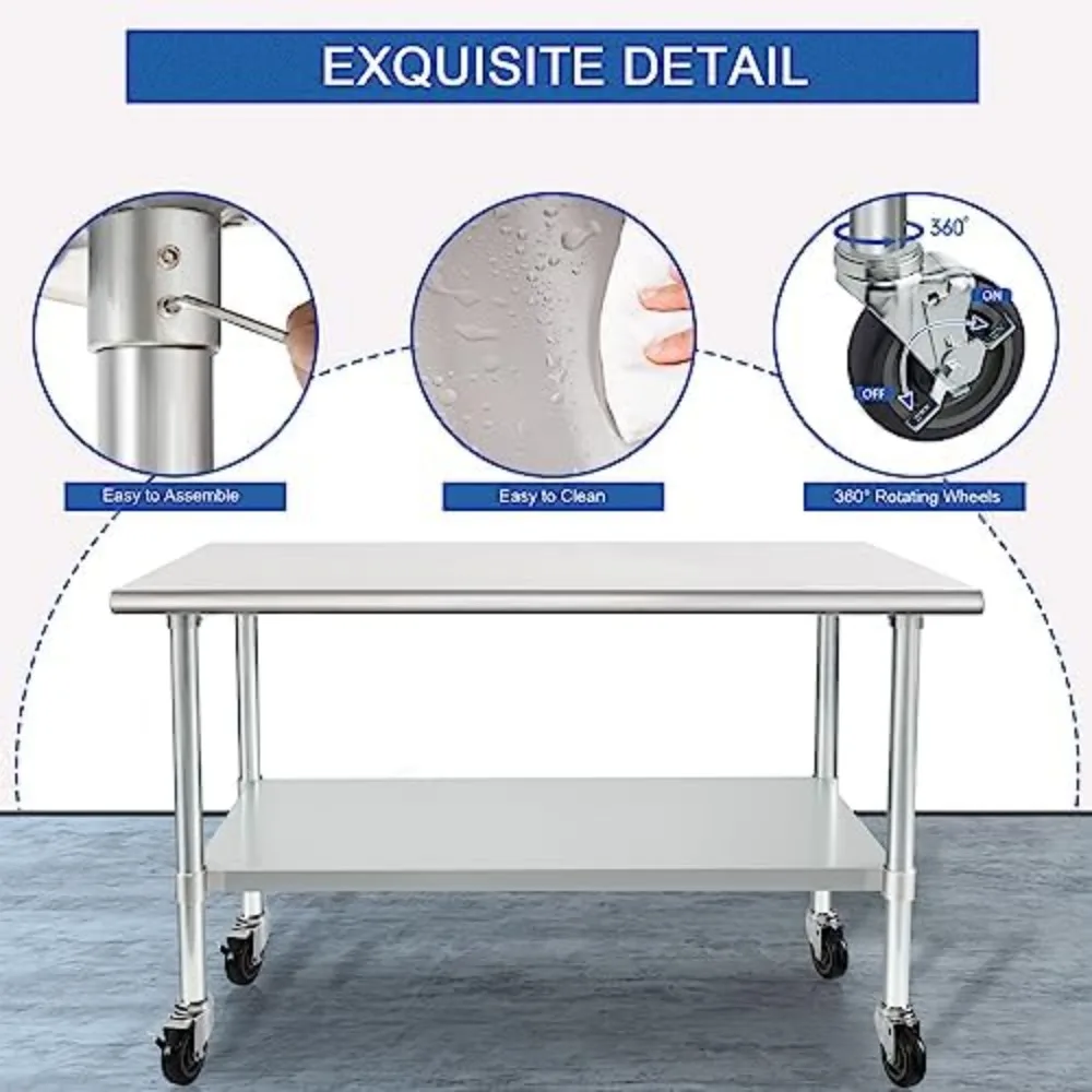 Tavolo da lavoro in acciaio inossidabile per carichi pesanti certificato NSF, 24x48 pollici, con ruote, sottopiano per uso commerciale