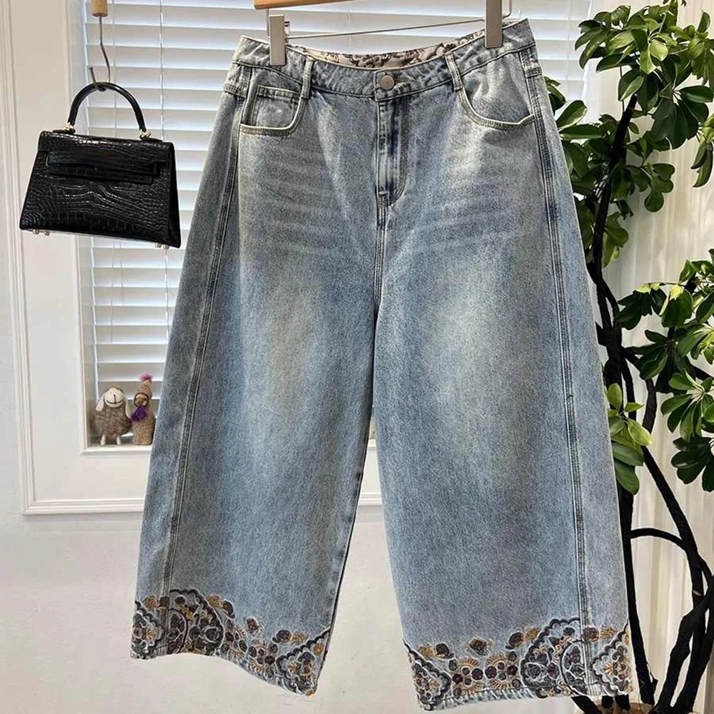 

Summer Casual Calf-Length Jeans for Women Boho Embroidered High Waist Slim Wide Leg Pants Female Loose Cropped Denim Pants