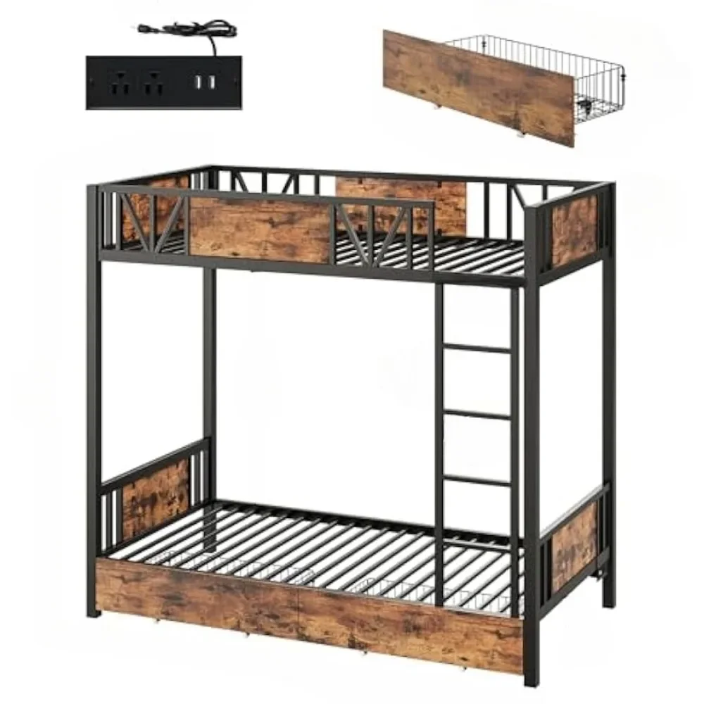 Bunk bed with power socket and drawer, metal twin frame with ladder and LED lighting, space-saving