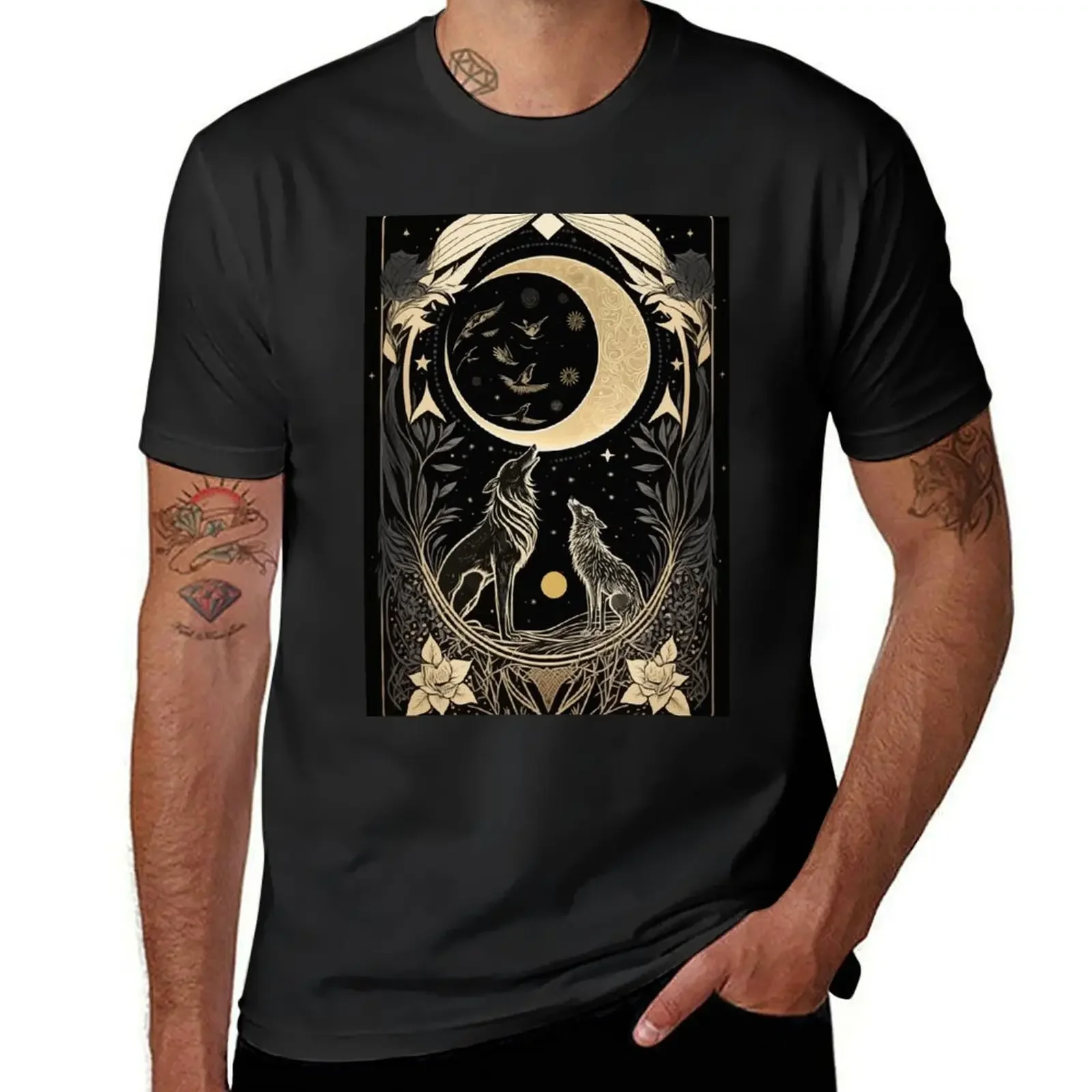 Wolf moon and trees tarot T-Shirt graphic tee shirt vintage tee shirts for men