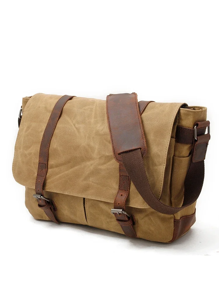 

Classic Waxed Canvas Messenger Bag - Leather Straps, Vintage Style for Daily Use & Trips