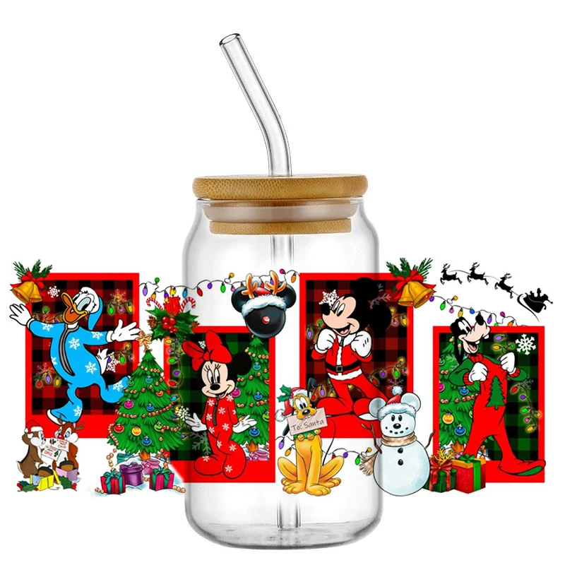 Miniso Cartoon Mickey Merry Christmas UV DTF Cup Wrap Transfer Stickers Zmywalne naklejki na szklaną puszkę Libbey 16OZ DIY Naklejki na kubki