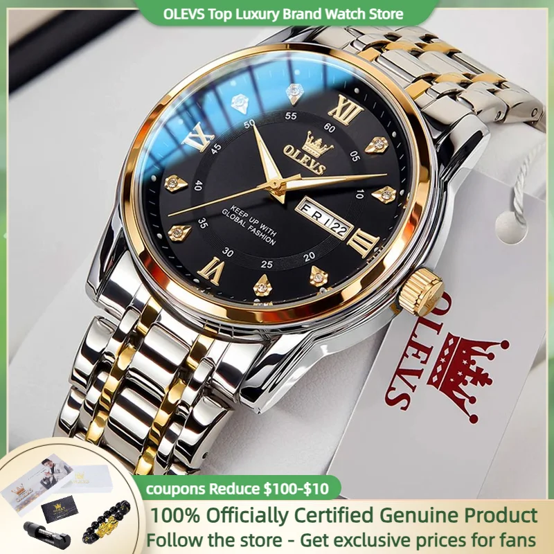ساعة أوليف كوارتز رجالية مقاومة للماء ، مقياس ألماس ، مضيئة ، الموضة ، الاتجاه الأصلي ، التاريخ ، الأسبوع ، من من من OLEVS