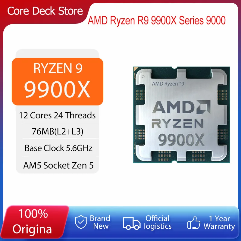Processeur AMD Ryzen 9 9900X 4,4 GHz 12 cœurs 24 threads Zen 5 192 Go DDR5 5600 MHz 140 Mo de cache de jeu 4 nm TDP 120 W Socket AM5 CPU de jeu