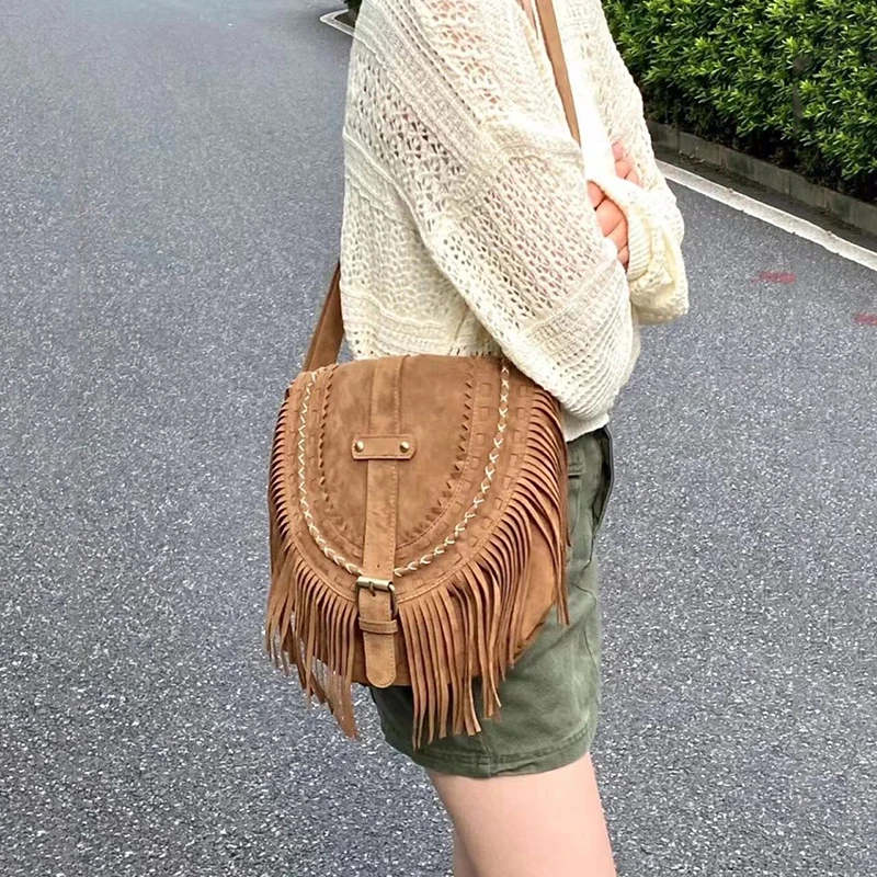 2026 Handmade Imitation Suede Tassel Bag Women's Versatile Shoulder Crossbody Bag Vintage Saddle Bag Fashion Bags for Women
