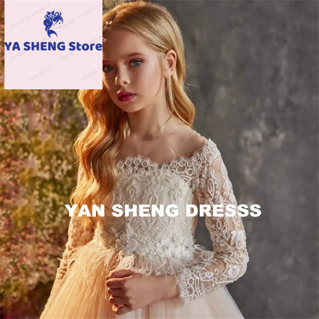 فساتين فتاة الزهور المخصصة بنمط أبيض شامبانيا مزينة بأكمام طويلة لحفلات الزفاف وأعياد الميلاد وحفلات الأميرة