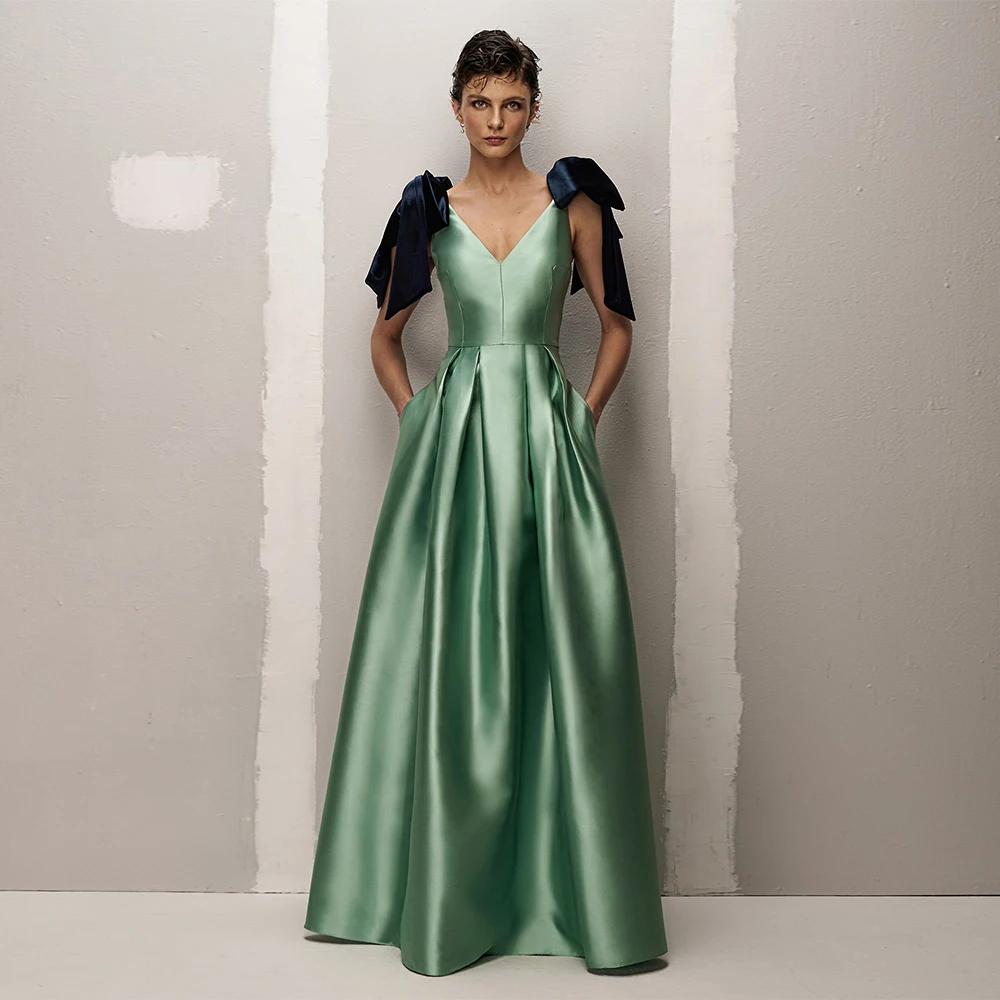 

Женское платье для выпускного вечера 2025, атласное трапециевидное платье без рукавов с карманами длиной до пола, простые платья для выпускного вечера с длинными рюшами и бантами, вечерние платья