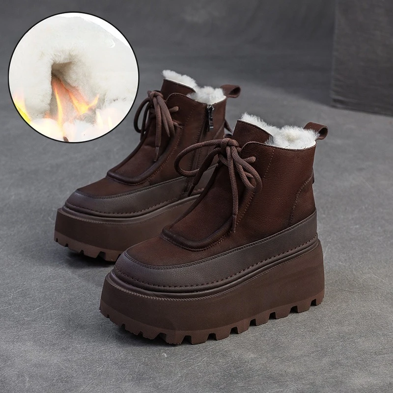 6.5CM Heels Genuine Leather Snow Boots High Platform Warm Winter Ankle Boots New Women Natural Wool Fur Booties Thick Sole Shoes
