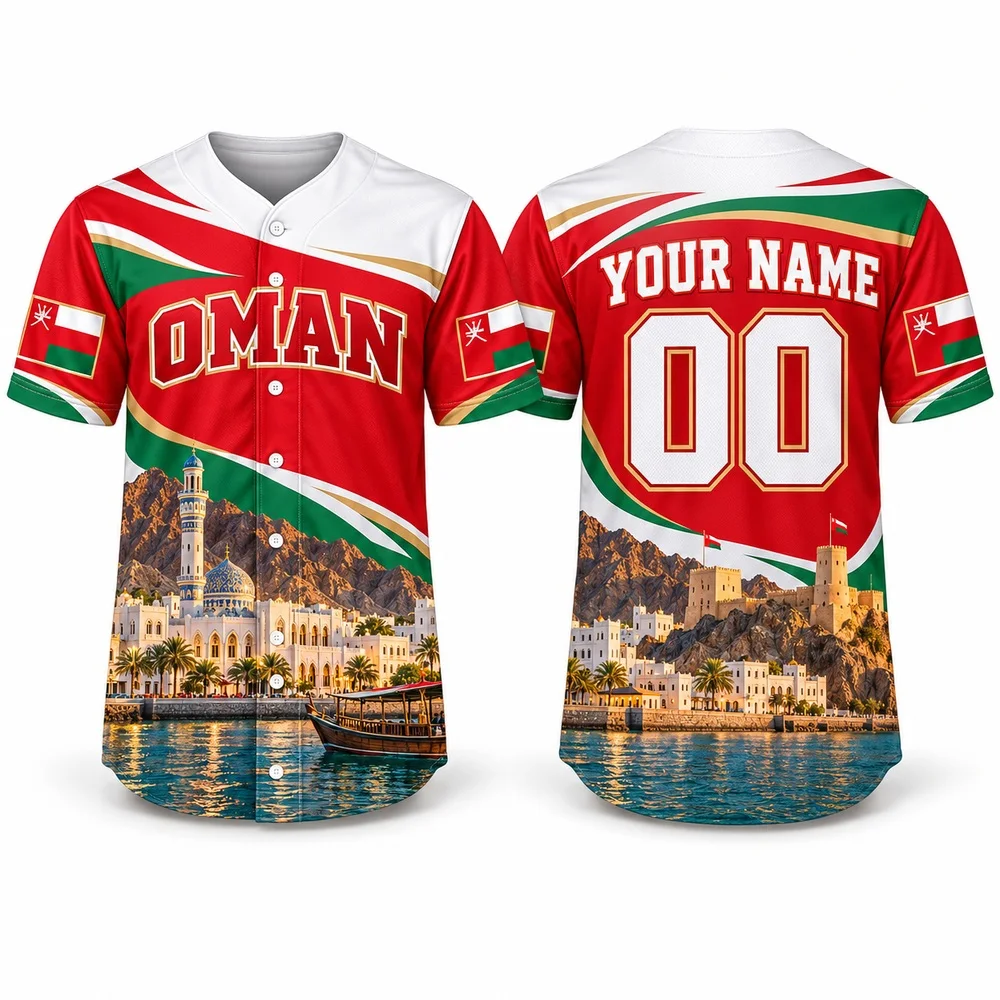 DIY Oman Muscat and Nizwa Baseball Jersey Custom Name Number Jerseys Shirt White Red Green Flag Shirts and Rose and Dhow Art