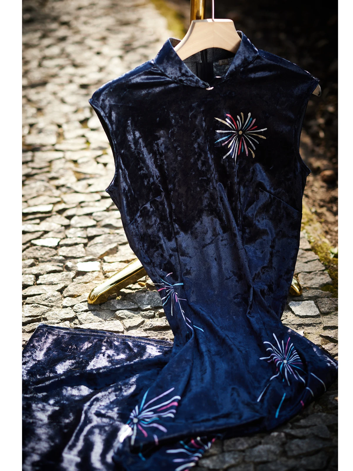 

Вечернее платье Muren Diary Blue Velvet Young Sle, новая китайская версия, ретро, женское длинное ципао с разрезом и завышенной талией