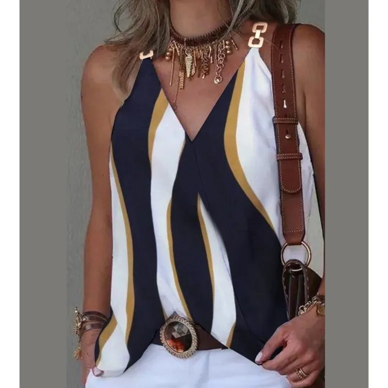 2024 Summer V-neck Metal Buckle Striped Printed Tank Top For Women Loose Sleeveless Pullover Blouse Femme Blusas Camisas Mujer