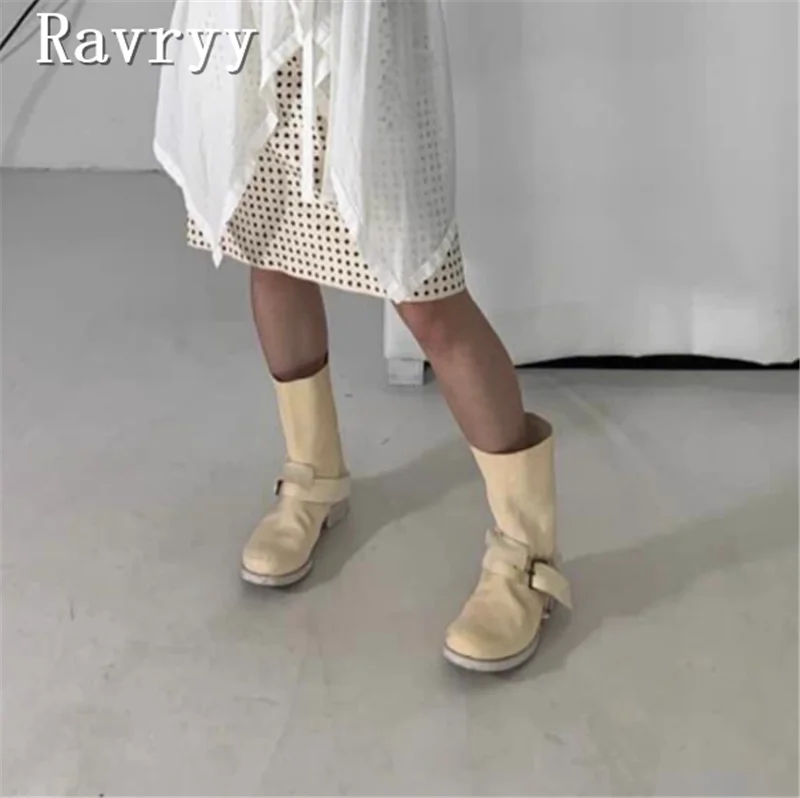 

Light Yellow Belt Buckle Women Ankle Boots Designer New Vintage Round Toe Thick Soled High Top Chelsea Short Boots