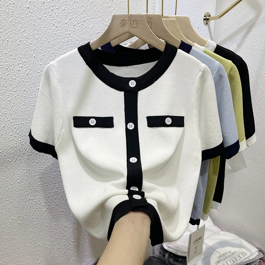 Cseta de Manga Corta de Seda Helada para Mujer, Estilo Nuevo de Verano, Cseta de Punto con ra Fragancia, Cuello Red...