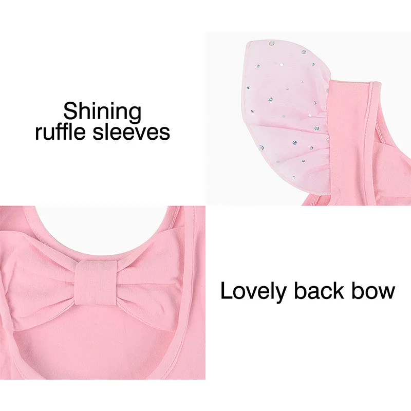 여자 어린이 기본 발레복, 반짝이는 러플 소매와 예쁜 뒷 리본이 있는 여자 체조 상의, 댄스 레오타드